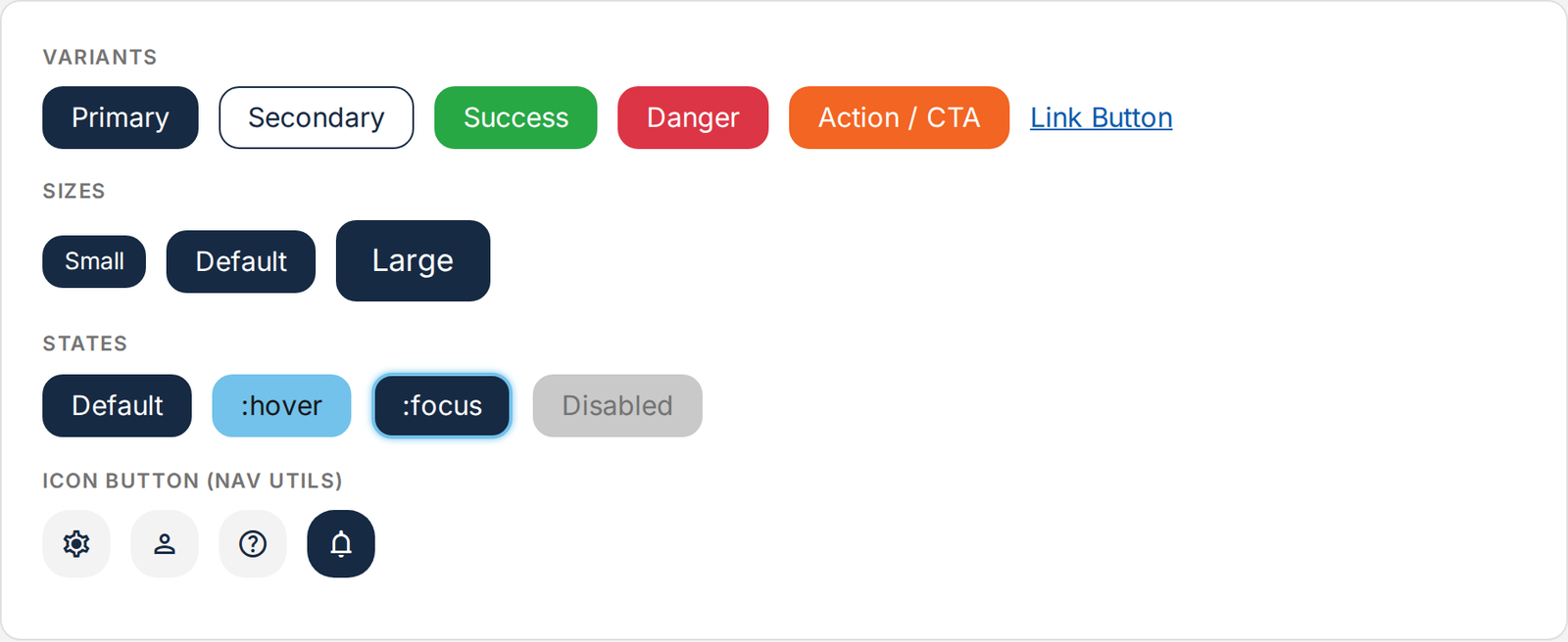 Button variants, sizes, states, and icon-button variants.