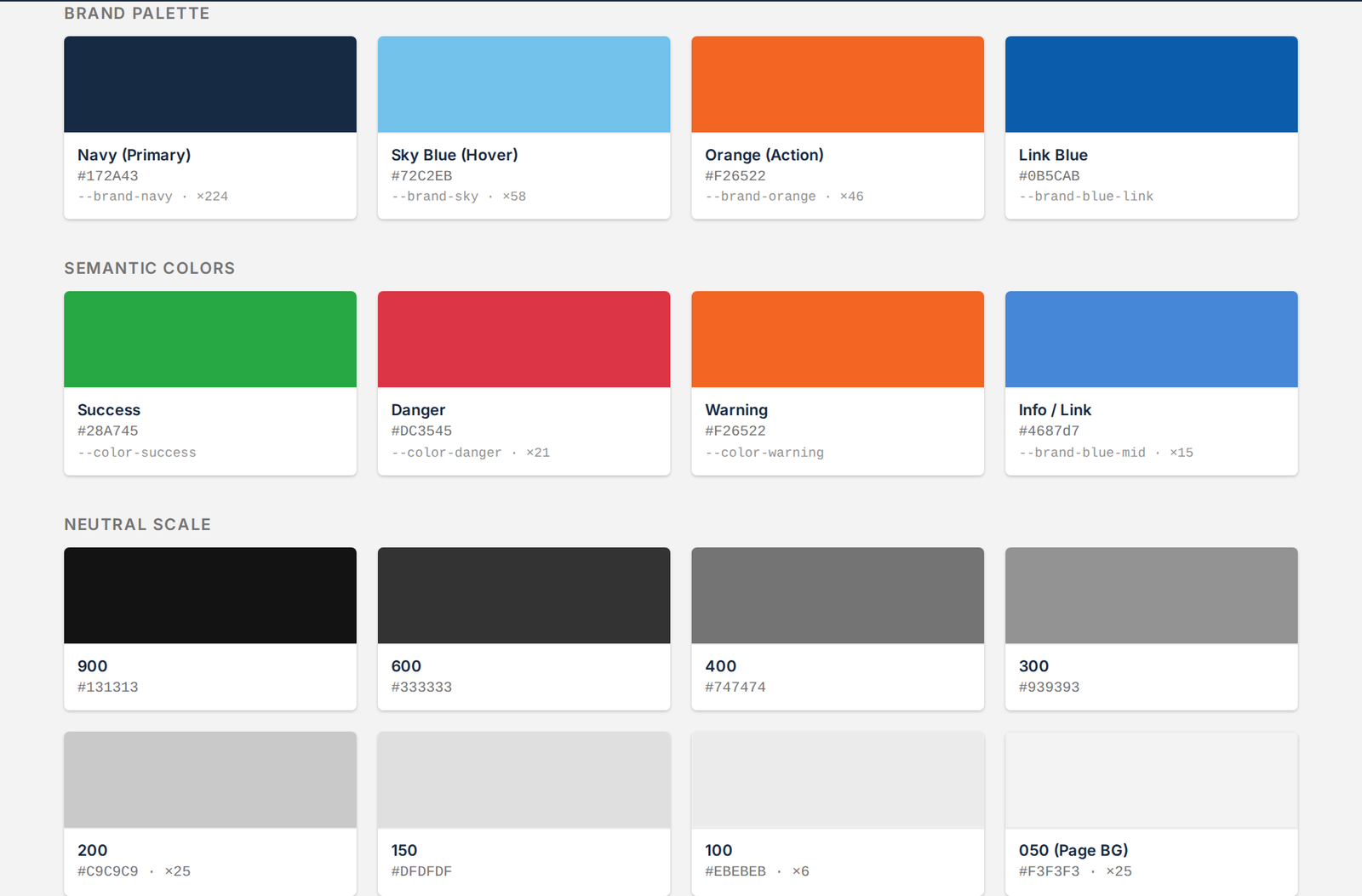 Brand and semantic color tokens with hex values and CSS variable names, plus a neutral scale.
