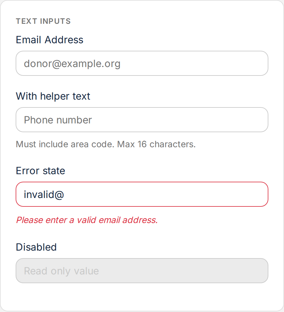 Form input states — default, focus, error, and disabled.